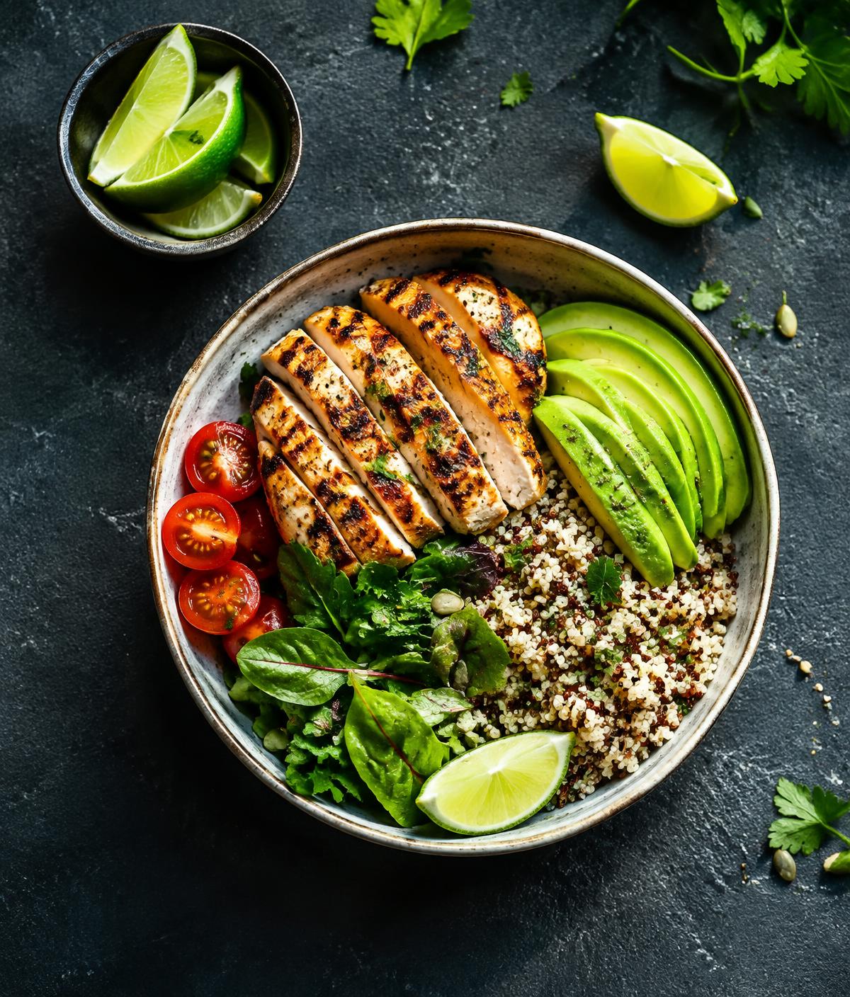 High-protein bowl with chicken, avocado and quinoa